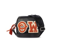 a black and orange cross body bag with the word wow on it